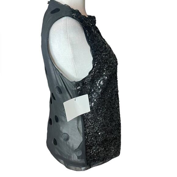 Karen Millen Black Sequin Sleeveless Top Sheer Back Embroidered Polkadots Sz 8 - Picture 8 of 11